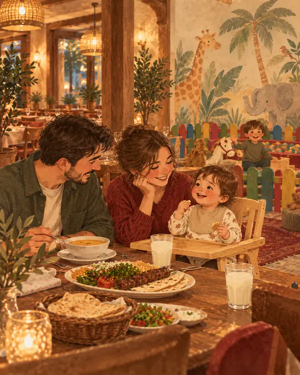Çizim: mama sandalyesindeki bebeğiyle yemek yiyen aile