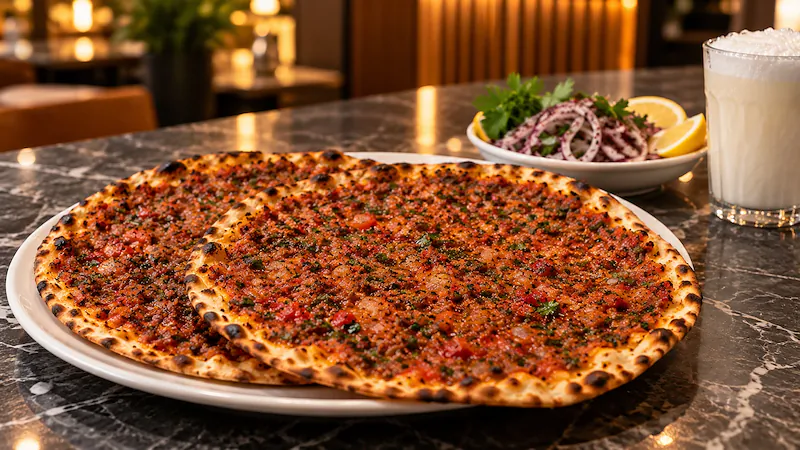 Mermer masada lahmacun, sumaklı soğan, limon ve ayran