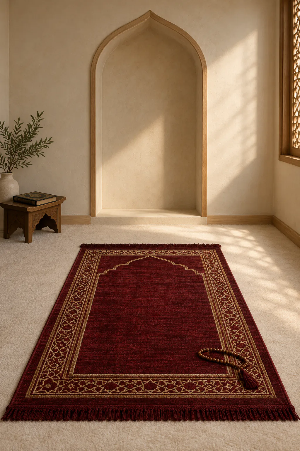 Mihrap nişine bakan bordo seccade ve tesbih